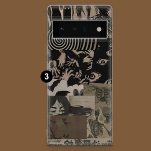 May include: A black and white phone case featuring a collage of images, including hands, eyes, a skeleton, and a butterfly. The case has a black camera cutout and a white number "3" on the side.