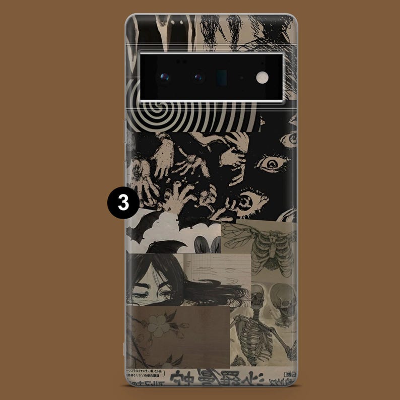May include: A black and white phone case featuring a collage of images, including hands, eyes, a skeleton, and a butterfly. The case has a black camera cutout and a white number "3" on the side.