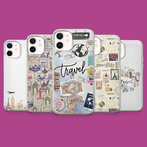 May include: Five phone cases with travel-themed designs. The cases feature images of landmarks, stamps, and the word "Travel". One case has a world map and the word "Memories". The cases are on a magenta background.