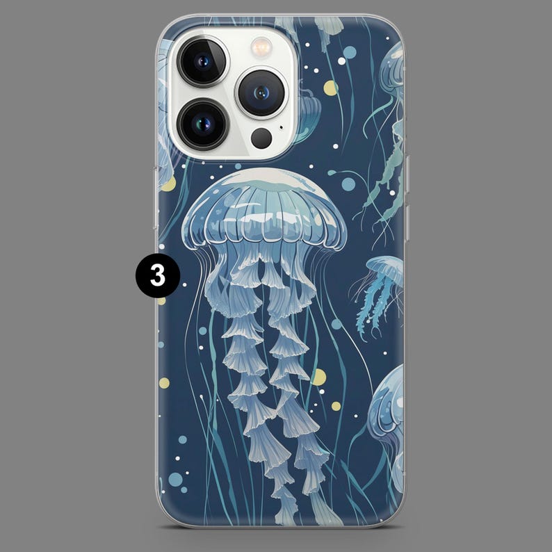 May include: A clear phone case with a blue background and a pattern of jellyfish. The jellyfish are translucent and have a light blue color. The case has a camera cutout and a cutout for the phone's buttons.
