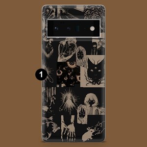 May include: Black and white phone case featuring a collage of images including eyes, a cat, and a girl. The case has a black background and the images are in a variety of sizes and shapes.