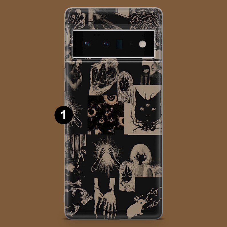 May include: Black and white phone case featuring a collage of images including eyes, a cat, and a girl. The case has a black background and the images are in a variety of sizes and shapes.