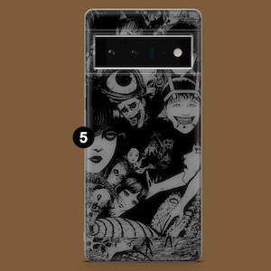 May include: Black and white phone case featuring a graphic design of a collage of faces and figures. The design is reminiscent of a horror comic book.
