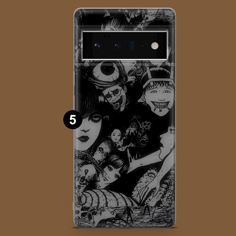 May include: Black and white phone case featuring a graphic design of a collage of faces and figures. The design is reminiscent of a horror comic book.