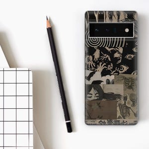 May include: A black phone case featuring a collage of images, including a spiral, eyes, hands, a skeleton, and a woman's face. The case has a black camera cutout.