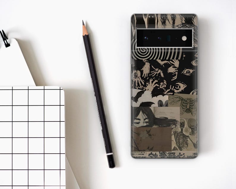 May include: A black phone case featuring a collage of images, including a spiral, eyes, hands, a skeleton, and a woman's face. The case has a black camera cutout.