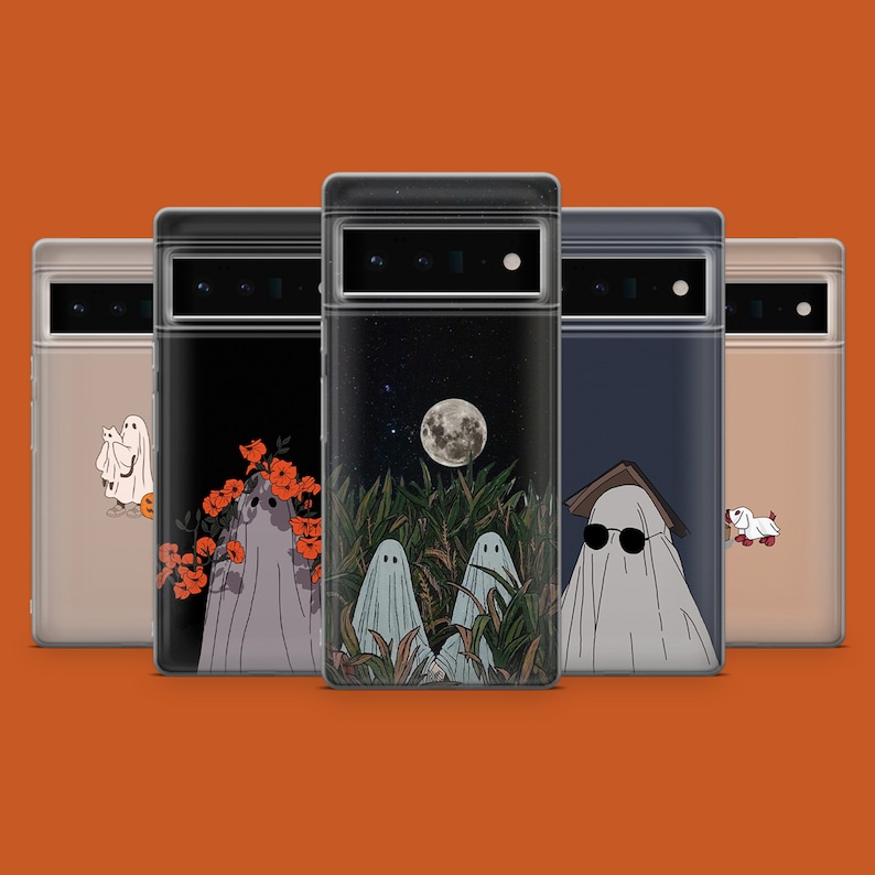 May include: Five different phone cases with spooky Halloween designs. The cases are black, white, and blue with images of ghosts, pumpkins, and a moon.