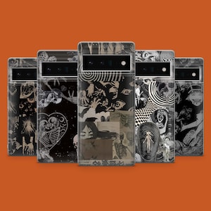 May include: Five different phone cases featuring black and white graphic designs. The designs include skulls, hands, eyes, and other abstract patterns.