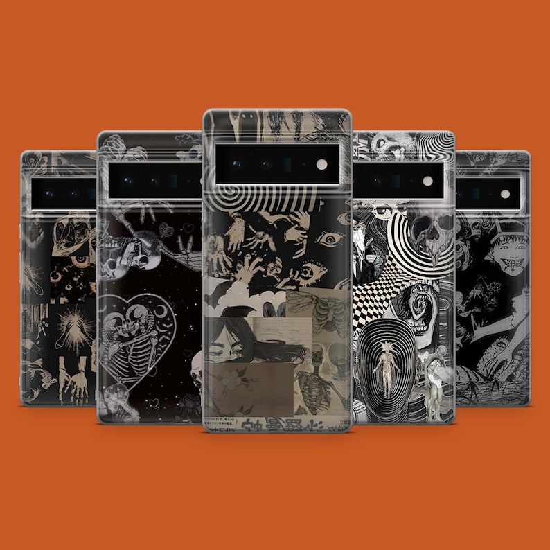 May include: Five different phone cases featuring black and white graphic designs. The designs include skulls, hands, eyes, and other abstract patterns.