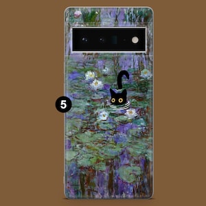 May include: A black cat peeks out of the water in a phone case design inspired by Claude Monet's Water Lilies painting. The case features a vibrant blue and green background with white water lilies.