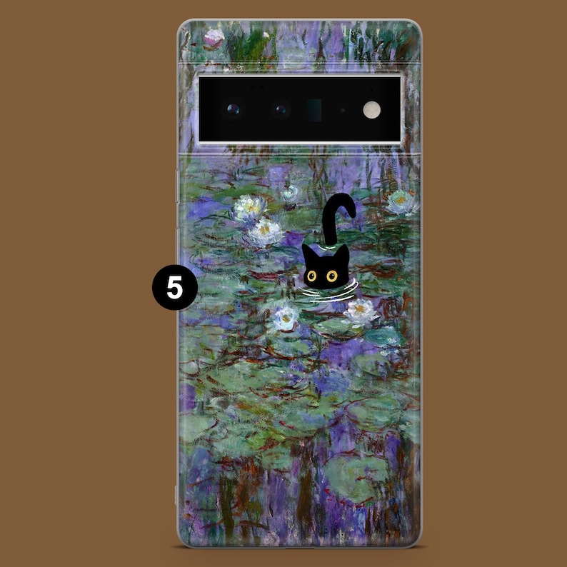 May include: A black cat peeks out of the water in a phone case design inspired by Claude Monet's Water Lilies painting. The case features a vibrant blue and green background with white water lilies.