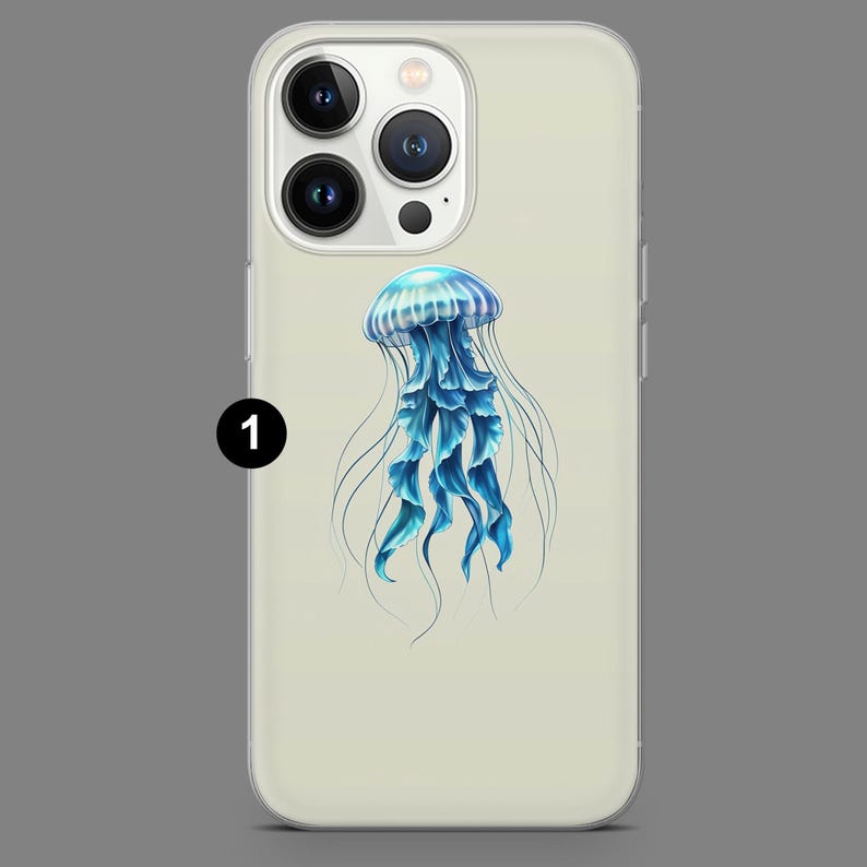 May include: A clear phone case with a blue jellyfish illustration. The jellyfish has a light blue bell and long, flowing blue tentacles.