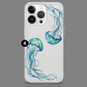 May include: A clear phone case with a design of two blue and green jellyfish. The jellyfish are in a watercolor style and have long, flowing tentacles.