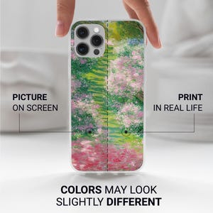 May include: A white iPhone case with a printed image of a Monet-style painting of a garden path with pink flowers. The text "PICTURE ON SCREEN" and "PRINT IN REAL LIFE" is on either side of the case. The text "COLORS MAY LOOK SLIGHTLY DIFFERENT" is below the case.