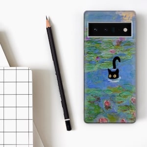 May include: A clear phone case with a black cat peeking out of a blue and green water lily pond. The case has a black camera cutout and a black cat silhouette.