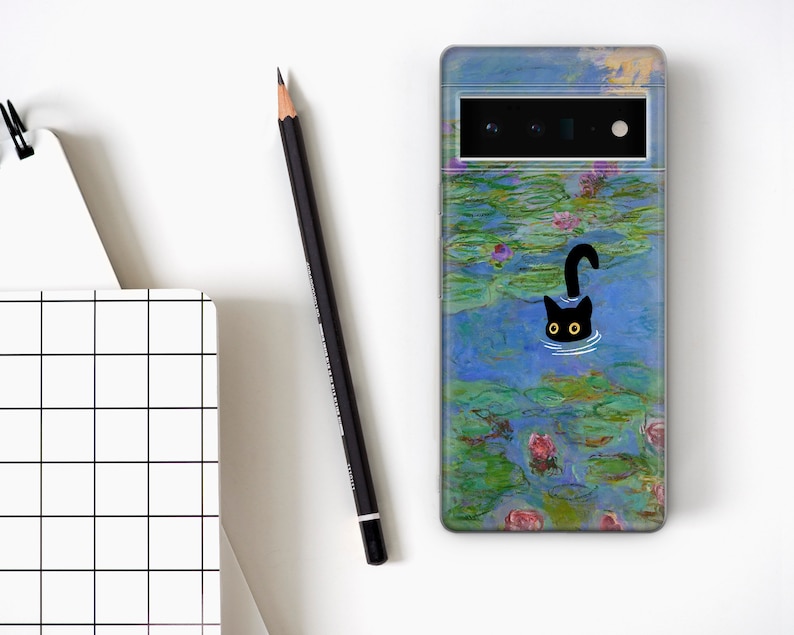 May include: A clear phone case with a black cat peeking out of a blue and green water lily pond. The case has a black camera cutout and a black cat silhouette.