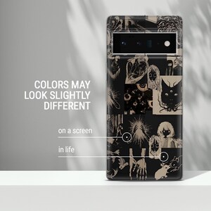 May include: Black phone case featuring a collage of black and white illustrations of eyes, faces, and other imagery. The case has a raised camera bump with three lenses.