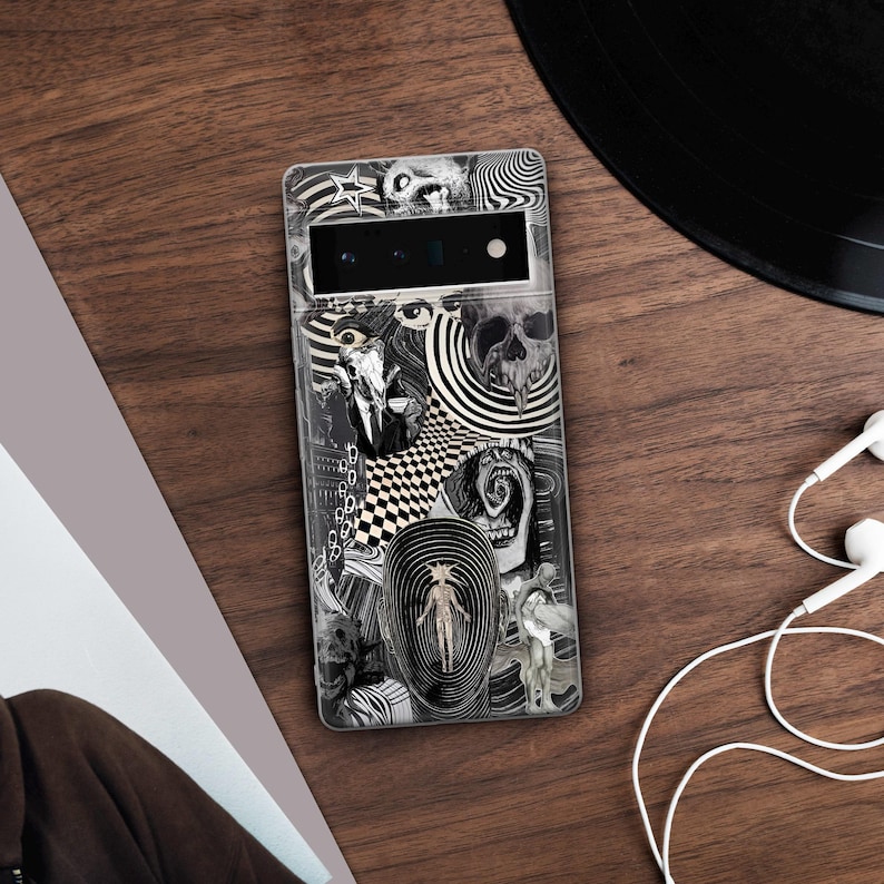 May include: A black and white phone case with a psychedelic design featuring swirling patterns, eyes, and a skull.