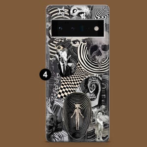 May include: Black and white phone case with a psychedelic design featuring a skull, eyes, and a chequered pattern.