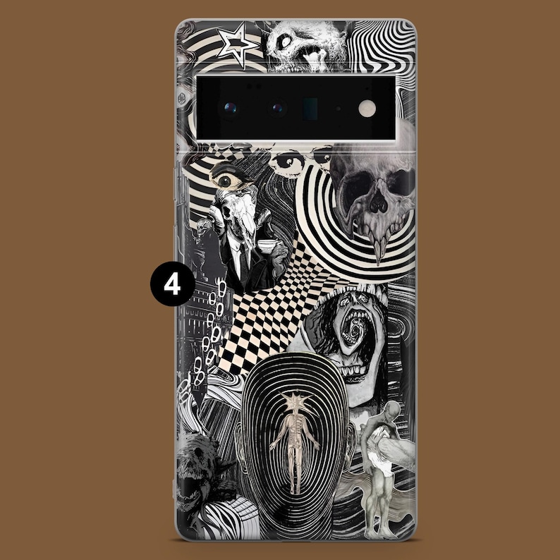 May include: Black and white phone case with a psychedelic design featuring a skull, eyes, and a chequered pattern.