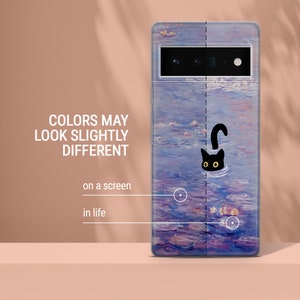 May include: A phone case with a black cat peeking out of a purple and blue water scene. The case has a camera cutout and a black border.