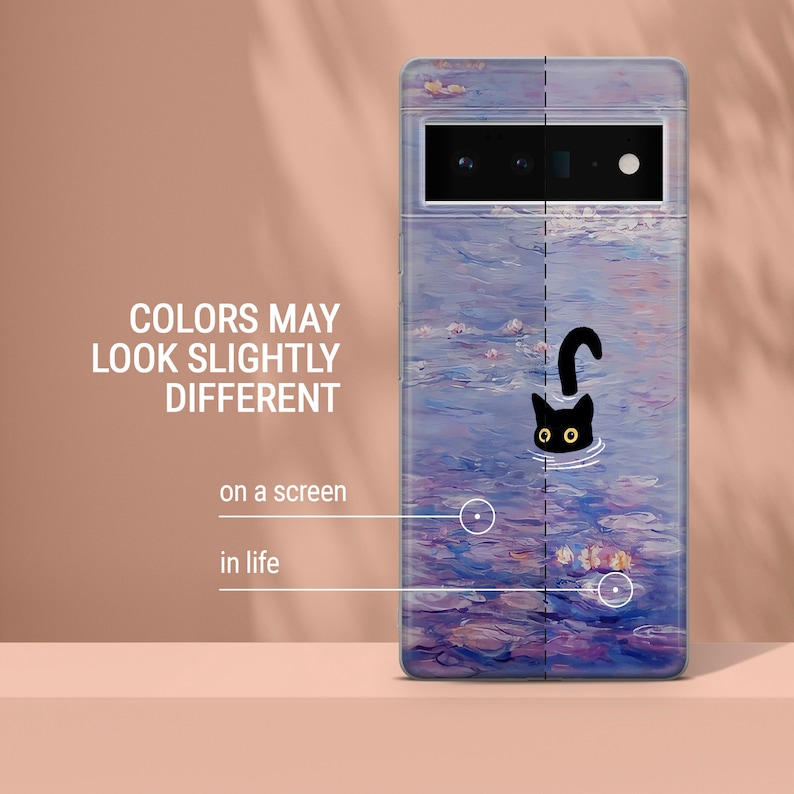 May include: A phone case with a black cat peeking out of a purple and blue water scene. The case has a camera cutout and a black border.