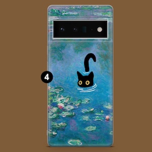 May include: A clear phone case with a black cat silhouette swimming in a blue and green water lily pond. The case has a black camera cutout with three lenses.