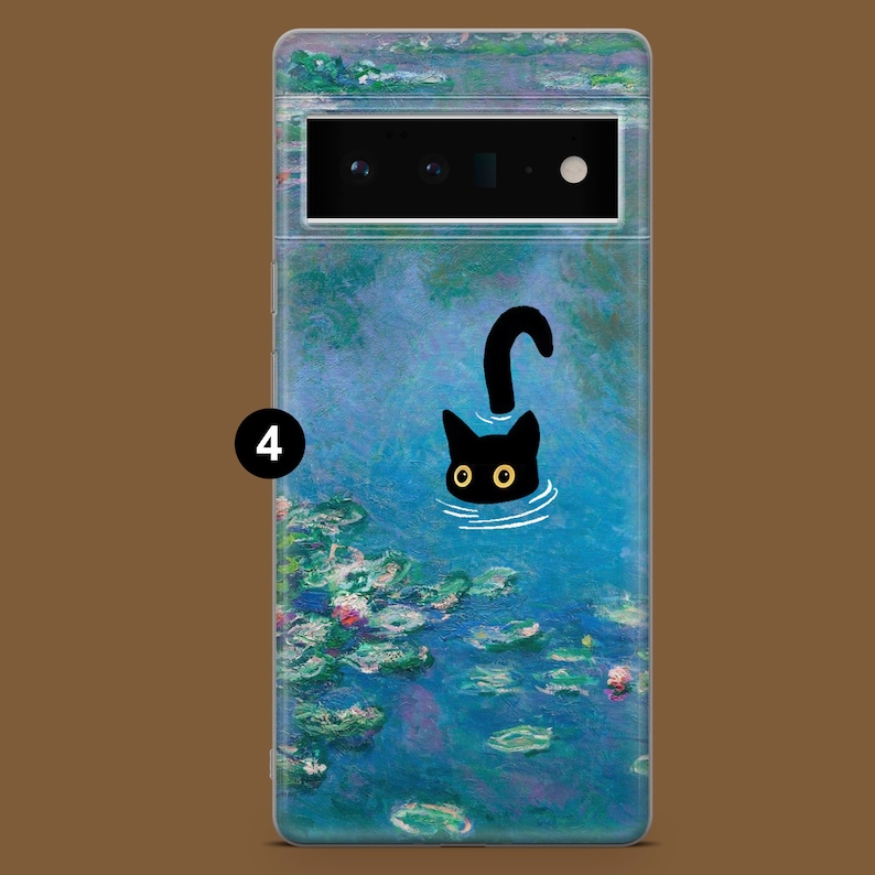 May include: A clear phone case with a black cat silhouette swimming in a blue and green water lily pond. The case has a black camera cutout with three lenses.