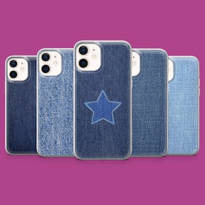 Può includere: Cinque custodie per telefono trasparenti con un motivo in denim. Una custodia ha una stella blu al centro.