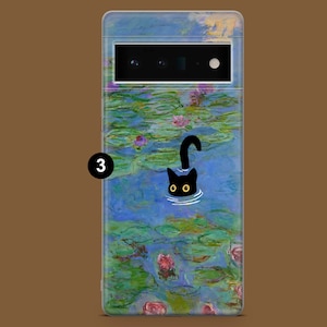 May include: A clear phone case with a black cat silhouette swimming in a blue and green water lily pond. The case features a painting reminiscent of Claude Monet's Water Lilies.
