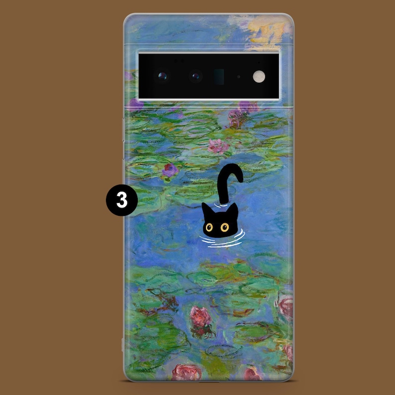May include: A clear phone case with a black cat silhouette swimming in a blue and green water lily pond. The case features a painting reminiscent of Claude Monet's Water Lilies.