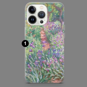 May include: A phone case with a painting of a path through a field of purple flowers. The phone case is clear and shows the phone's camera lenses.