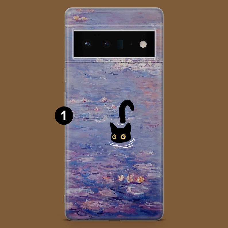 May include: A clear phone case with a purple and blue watercolor design featuring a black cat with yellow eyes swimming in a pond. The case has a cutout for the camera lens.