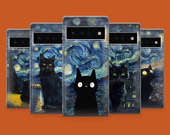 Van Gogh Parody Phone Case Meme Cat Starry Night Cover for Pixel 11, 10, 9Pro, iPhone 18 Pro, 17, 16, 15, 14, 13, Samsung S26, S25, S24, A57