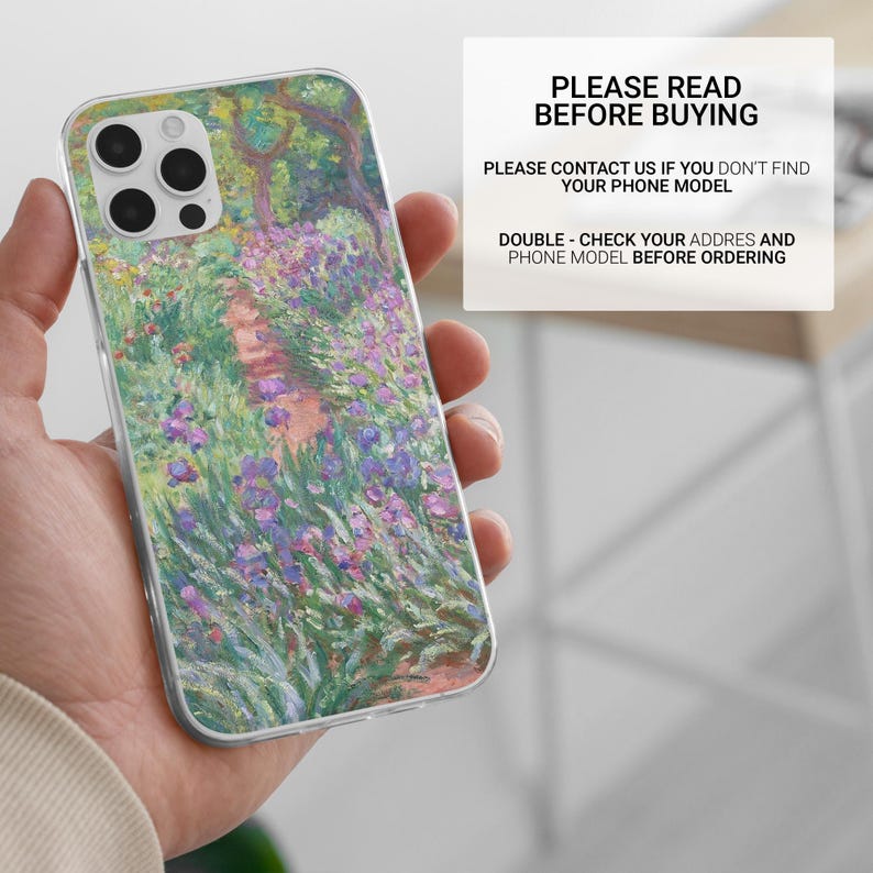 May include: A clear phone case with a colorful painting of a garden with purple flowers and a path. The text "PLEASE READ BEFORE BUYING" is at the top of the image. The text "PLEASE CONTACT US IF YOU DON'T FIND YOUR PHONE MODEL" is below the first line of text. The text "DOUBLE - CHECK YOUR ADDRES AND PHONE MODEL BEFORE ORDERING" is below the second line of text.