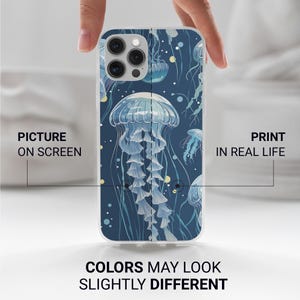 May include: A clear phone case with a design of blue jellyfish on a dark blue background. The case is designed for an iPhone with a camera bump.