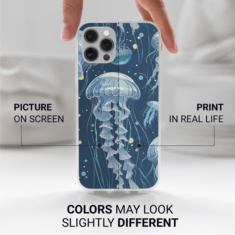 May include: A clear phone case with a design of blue jellyfish on a dark blue background. The case is designed for an iPhone with a camera bump.