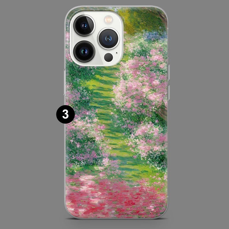 May include: A clear phone case with a painting of a garden path lined with pink flowers and green foliage. The path leads to a field of red flowers.