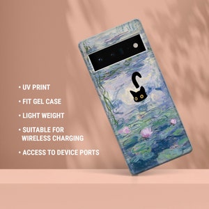 May include: A phone case with a black cat silhouette swimming in a pond of water lilies. The case has a blue and green watercolor design with pink flowers. The case is compatible with wireless charging.
