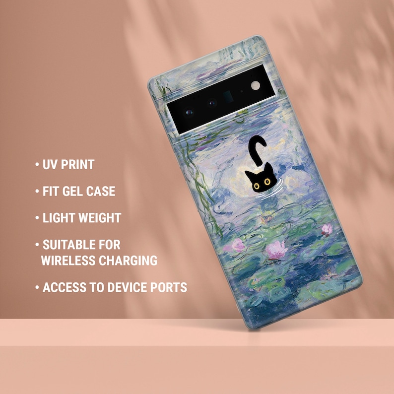 May include: A phone case with a black cat silhouette swimming in a pond of water lilies. The case has a blue and green watercolor design with pink flowers. The case is compatible with wireless charging.