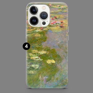 May include: A clear phone case with a painting of water lilies and a pond. The painting is in shades of green, blue, and pink.
