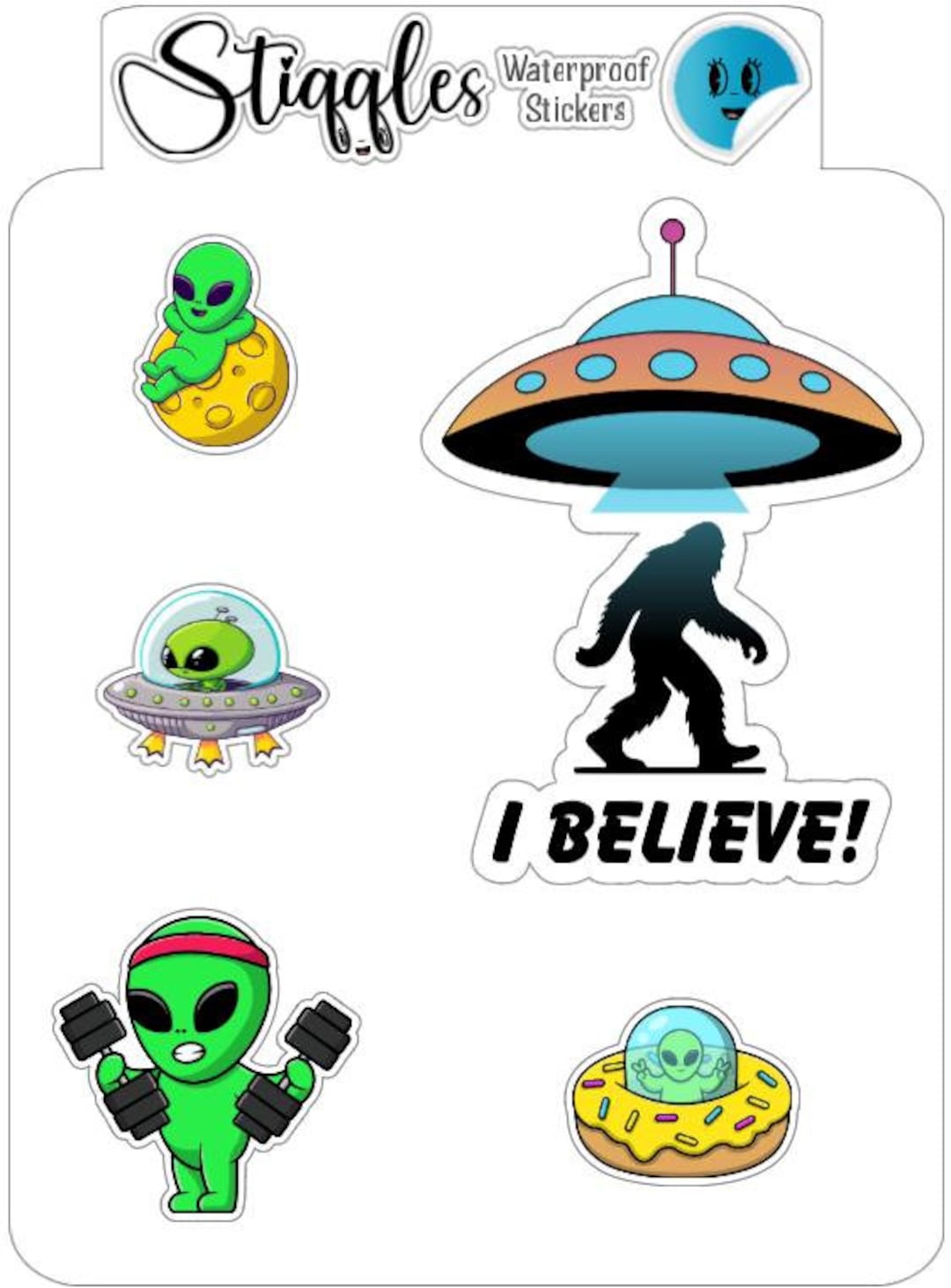 18 UFO Alien and Yeti Stickers - Waterproof Decals - Full Color, Glossy ...
