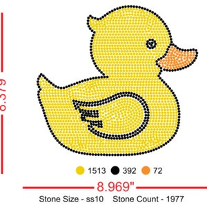 Könnte beinhalten: Gelbes Gummiente-Design aus 1513 gelben, 392 schwarzen und 72 orangefarbenen Strasssteinen. Das Design ist 8,969 Zoll breit und 8,379 Zoll hoch. Die Steingröße ist ss10 und die Gesamtzahl der Steine beträgt 1977.