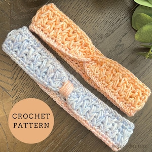 May include: Two crocheted headbands, one in a light blue and white color and the other in a peach color. The headbands are made with a textured stitch pattern. The text "CROCHET PATTERN" is on a brown circle in the lower left corner of the image.