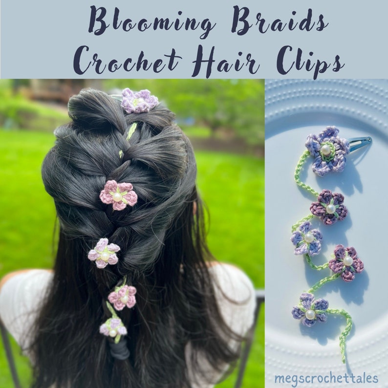 May include: Crocheted flower hair clips in shades of purple and pink with pearl accents. The clips are attached to a green chain and are shown in a braid.