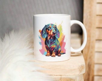 Taza colorida de perro salchicha, taza para mamás de perros salchicha, taza de café con diseño de perro salchicha, taza con diseño de perro salchicha, taza Deckel, taza de regalo para amantes de los perros salchicha