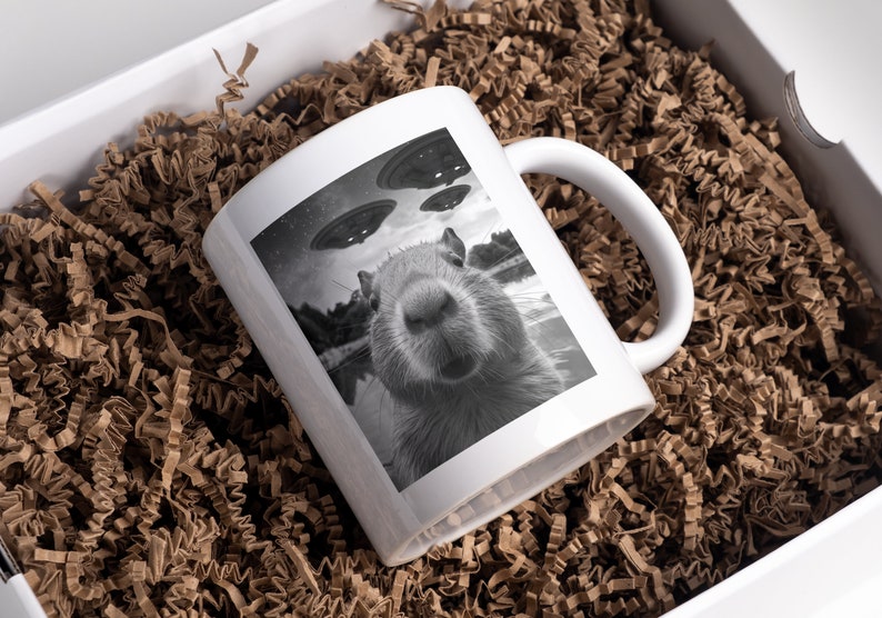Pu&ograve; includere: Una tazza in ceramica bianca con un'immagine in bianco e nero di un capibara con tre UFO sullo sfondo. La tazza ha un manico nero.