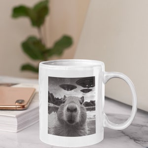 Pu&ograve; includere: Una tazza in ceramica bianca con un'immagine in bianco e nero di un capibara che guarda direttamente la fotocamera. Il capibara &egrave; in un specchio d'acqua con tre dischi volanti nel cielo sopra.