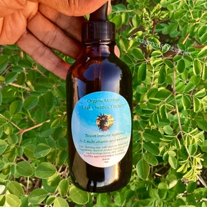 Könnte beinhalten: Eine braune Glasflasche mit Organic Moringa Leaf + Nettles Tincture und einer Pipette. Das Etikett lautet "Boost immune system. A-Z multi vitamin and minerals." Vor einem Hintergrund aus grünen Blättern.
