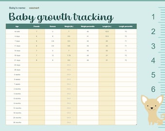 May include: A printable baby growth chart with a light blue background and a yellow ruler on the right side. The chart has columns for age, weight in pounds and ounces, weight in pounds, weight percentile, length in inches, and length percentile. The chart is titled "Baby growth tracking" and has a space for the baby's name at the top.